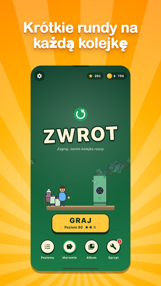 Menu gry Zwrot: przycisk Graj, poziom 80, zebrane gwiazdki i monety